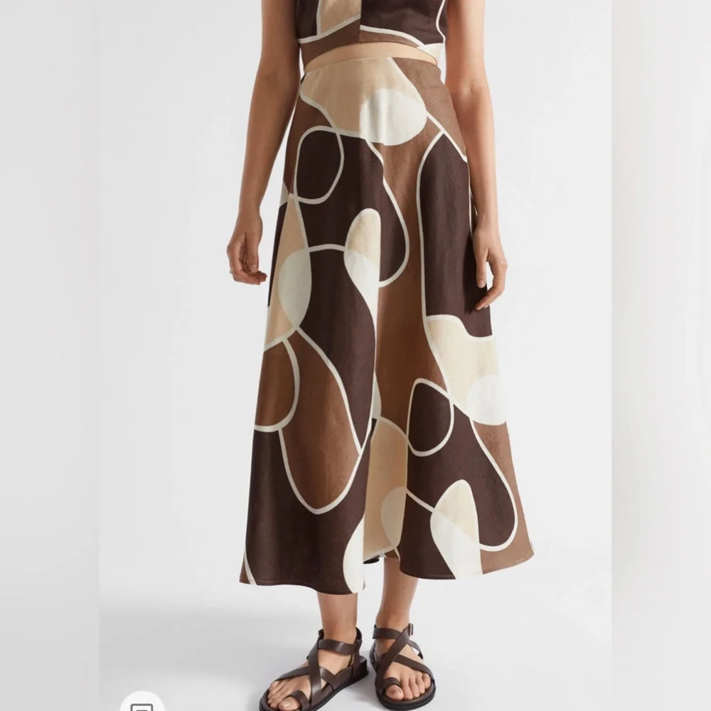 SEED HERITAGE Linen Skirt Abstract Brown Printed Skirt Size 10